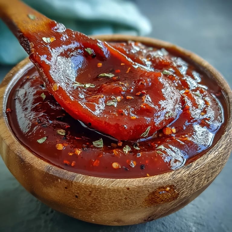 Overhead view of Guava BBQ Sauce From Scratch in a glass jar, ready to spoon onto grilled tofu.