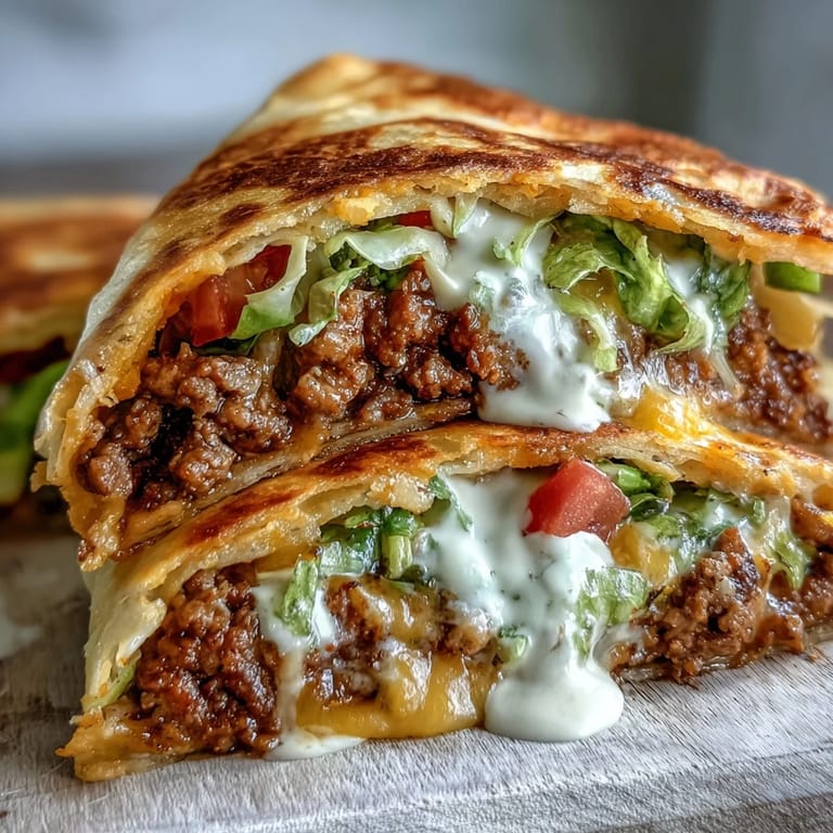 Sizzling ground beef and melted cheddar sauce fill the center of a homemade Keto Crunchwrap, garnished with cilantro and jalapeños.