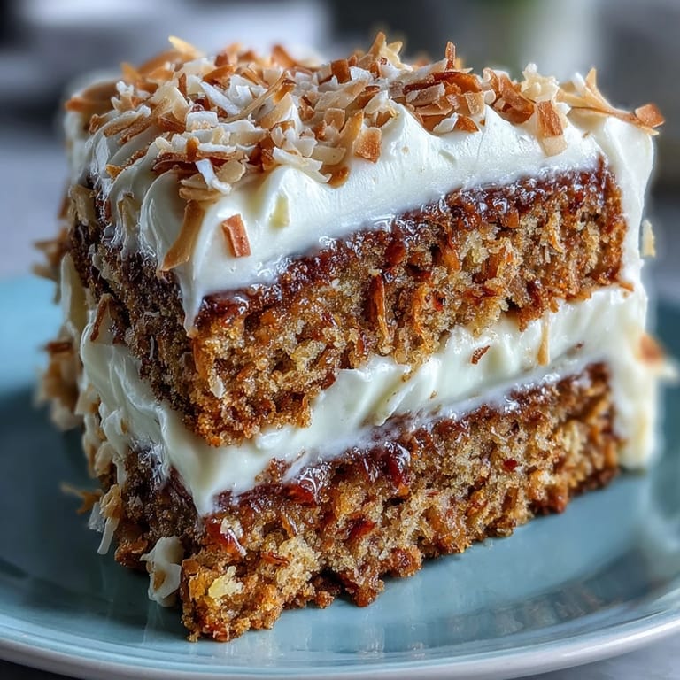 Festive Christmas Hawaiian Carrot Pineapple Cake layered with cream cheese frosting and shredded coconut.