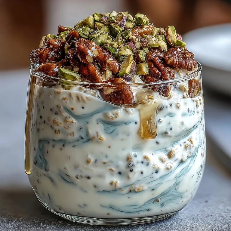 Cold and creamy pistachio overnight oats topped with fresh berries and chopped pistachios, ready to enjoy for an easy morning meal.