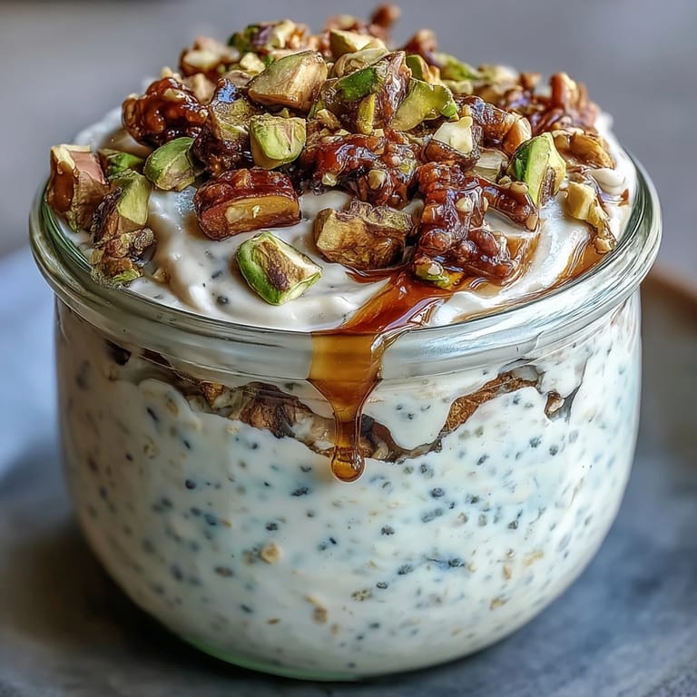 Overnight oats with pistachios, chia seeds, and Greek yogurt in a glass jar, garnished with fresh fruit for a healthy breakfast.