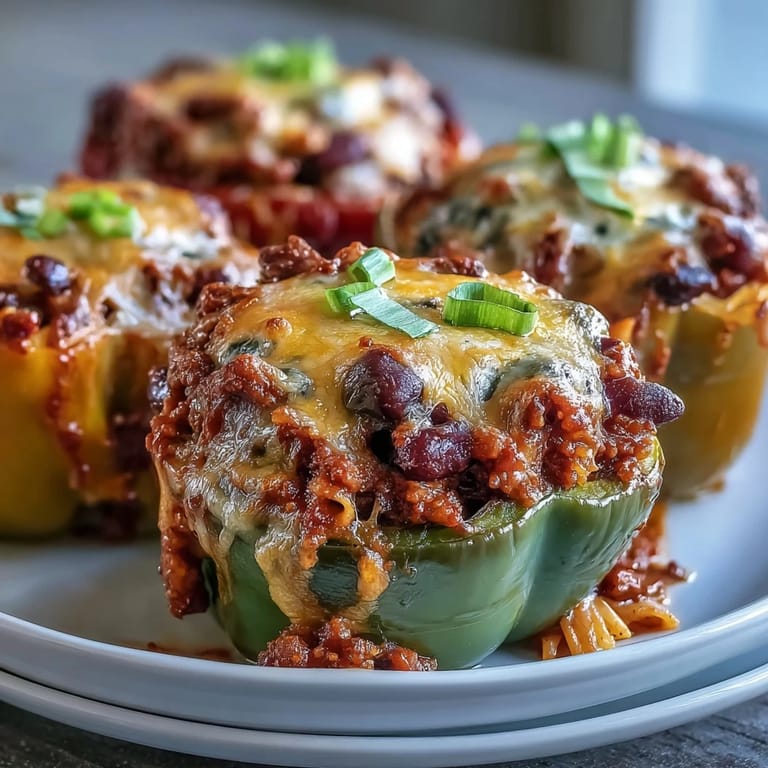 Sizzling baked chili mac stuffed peppers topped with bubbling cheddar and green onions on a ceramic dish.