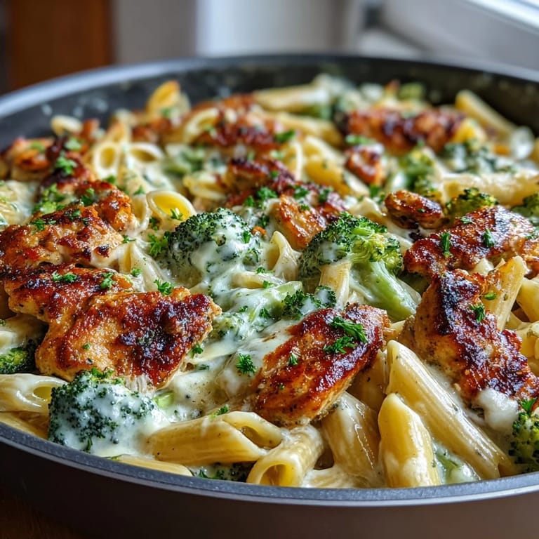 Serving suggestion of Garlic Parmesan Broccoli & Chicken Pasta topped with extra cheese.