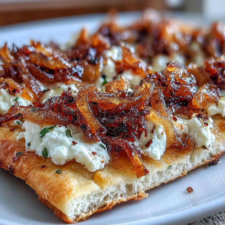 Sizzling Goat Cheese & Caramelized Onion Flatbread coming out of the oven, featuring bubbling cheese and golden, crispy edges perfect for sharing.
