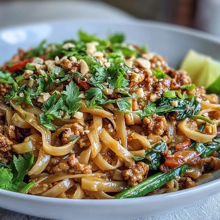 Close-up of Creamy Thai-Inspired Peanut Noodle Bowls featuring glossy peanut sauce coating wide noodles and colorful shredded carrots and green onions.