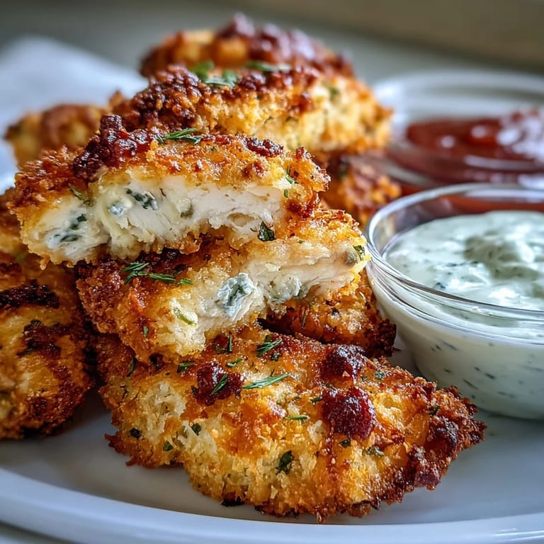 Overhead view of Crispy Baked Chicken Parmesan Fries on a rustic wooden board, highlighting the tender chicken strips and dipping sauces.