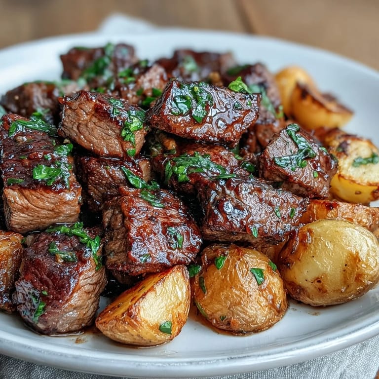 Juicy steak cubes and buttery potatoes are tossed together for a savory skillet dinner served with fresh chopped parsley.
