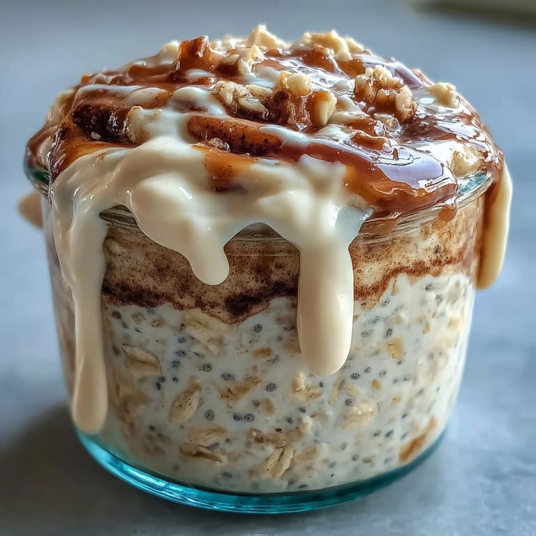 Chilled High-Protein Cinnamon Roll Overnight Oats topped with a sweet cream cheese-style glaze.