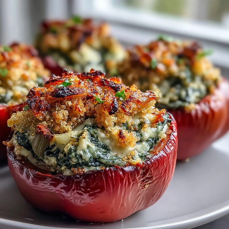 Colorful roasted bell peppers hold the hearty Vegan Spinach and Artichoke Stuffed Peppers, ready to be served for dinner.
