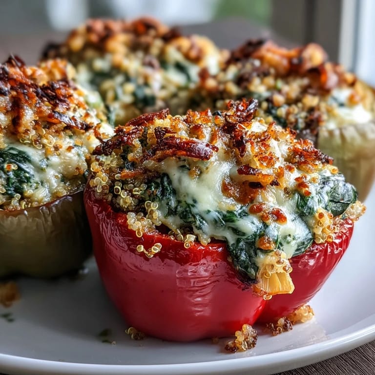 A close-up view shows creamy Vegan Spinach and Artichoke Stuffed Peppers, revealing the rich quinoa and cashew filling.