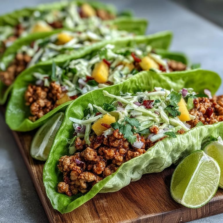 Close-up of Skinny Spicy Turkey Lettuce Tacos with Mango Slaw garnished with fresh cilantro and lime wedges.