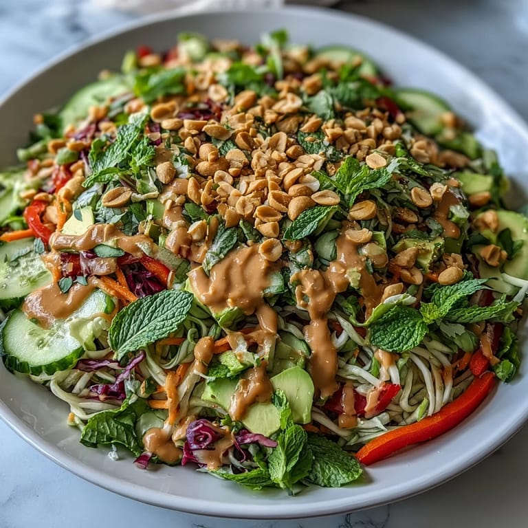 Vibrant Vegan Spring Roll Salad with Peanut Dressing served as a colorful side dish, complete with crisp veggies and fresh mint leaves.