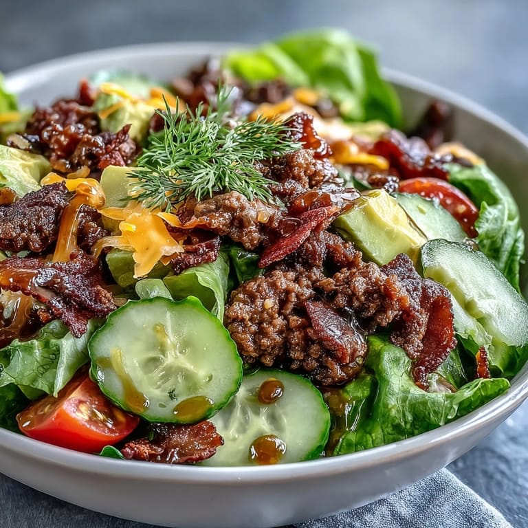 Freshly prepared Keto Bacon Cheeseburger Salad features ground beef, crumbled bacon, tomatoes, and red onion tossed in a low-carb bowl.
