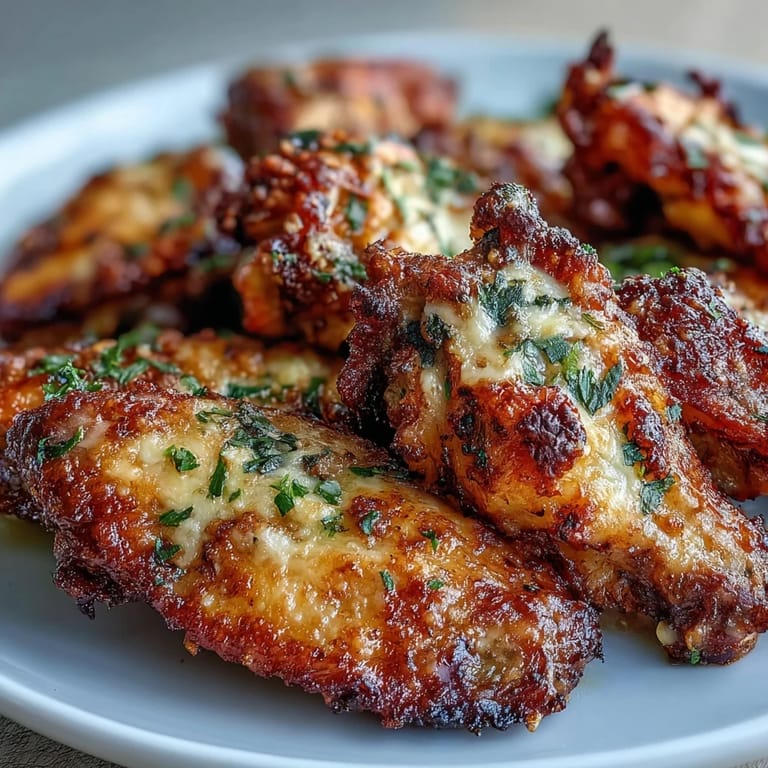 Freshly baked Keto Garlic Parmesan Baked Chicken Wings are garnished with parsley and red pepper flakes, served with celery sticks and keto ranch dip.