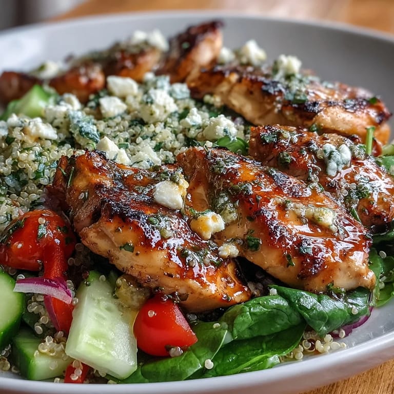 Freshly grilled lemon-herb chicken breast served over quinoa and crisp vegetables, topped with feta cheese and a zesty lemon vinaigrette.
