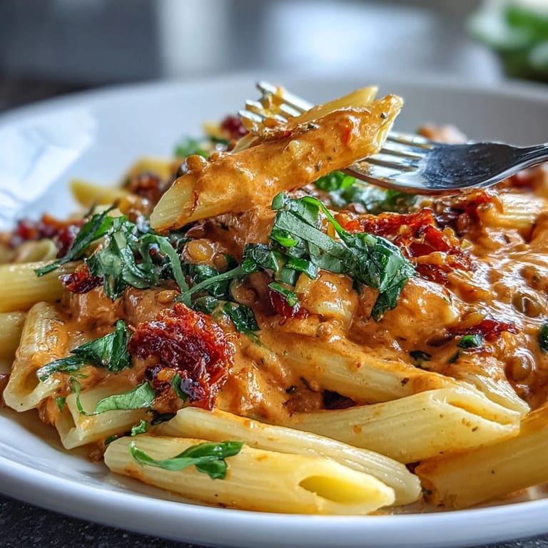 Rich, dairy-free roasted red pepper and lentil pasta, garnished with crushed red pepper flakes and fresh herbs for a comforting, protein-packed meal.