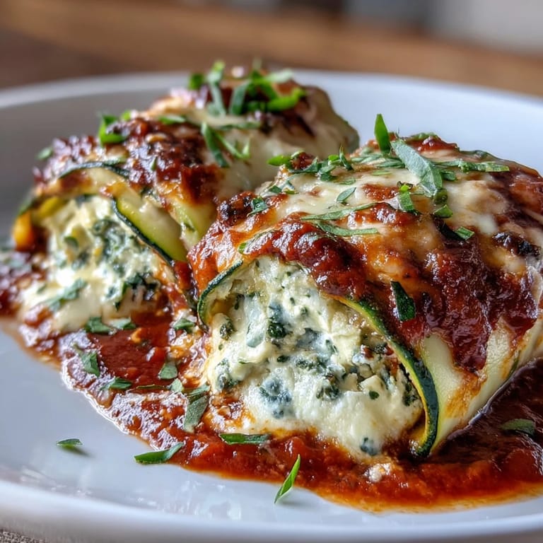 Golden-baked zucchini roll-ups stuffed with herb-seasoned ricotta and topped with bubbly mozzarella and marinara, perfect for a low-carb Italian dinner.  