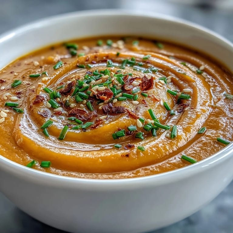 Silky roasted butternut squash blended with miso paste creates a savory, umami-rich vegetarian soup, topped with sesame seeds and fresh herbs.