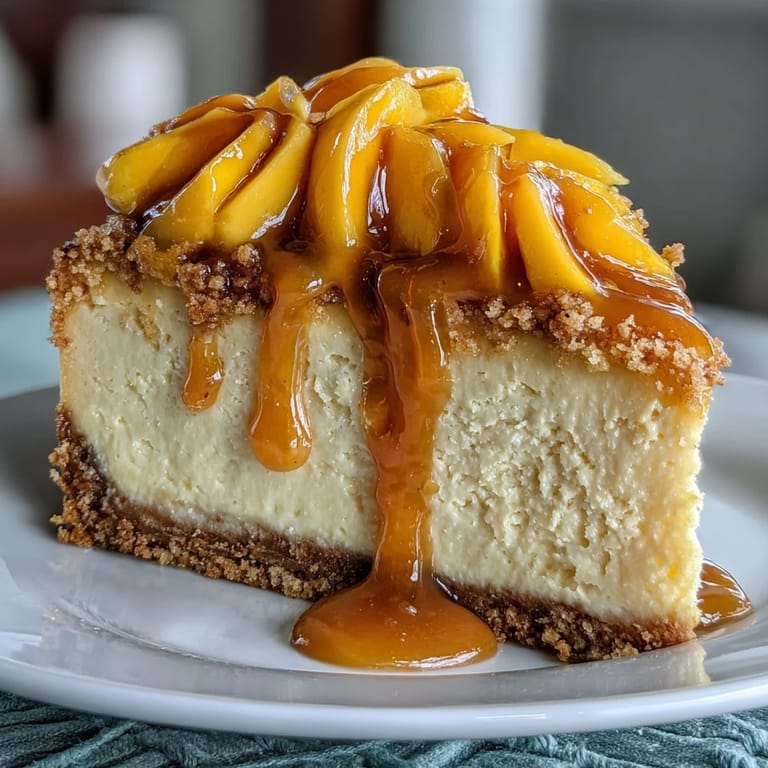 Luscious cheesecake infused with ripe mango puree, baked to perfection with a crumbly biscuit crust and a drizzle of sweet mango sauce.