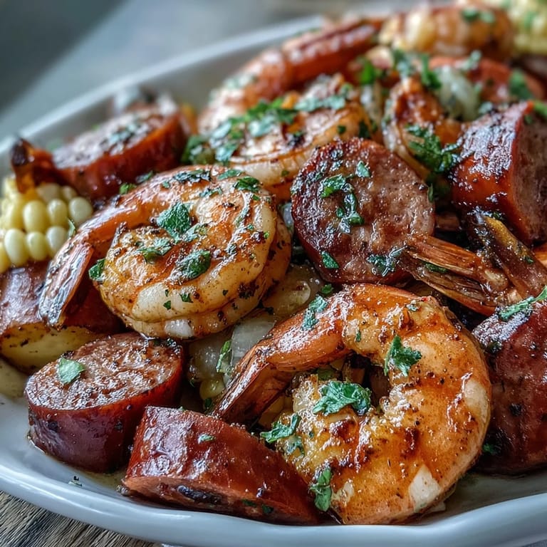 2. Flavorful Southern seafood boil featuring plump shrimp, smoky sausage, corn on the cob, and red potatoes, cooked with zesty Cajun seasoning and fresh lemon for a hearty meal.