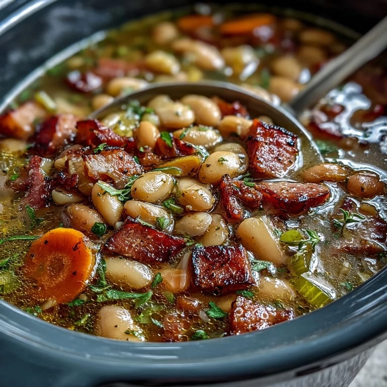 Creamy white bean and diced ham soup loaded with fresh vegetables and aromatic herbs.  