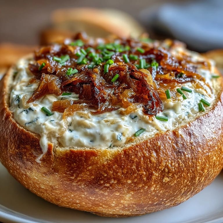 Golden caramelized onions blended into a smooth, tangy dip nestled inside a crusty sourdough loaf, perfect for scooping with bread and vegetables.