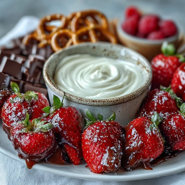 This vibrant strawberry snack board features juicy fruit, crunchy pretzels, and rich chocolate, all paired with a tangy yogurt dip for a festive treat.