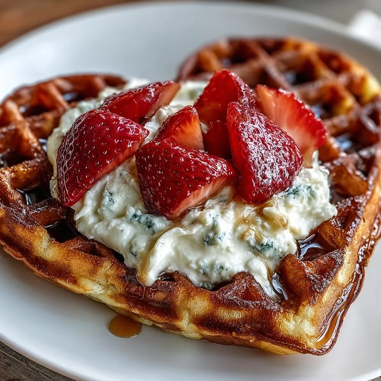 Golden, crisp waffles paired with a light cottage cheese whip and fresh macerated strawberries, creating a protein-packed and visually stunning dish.