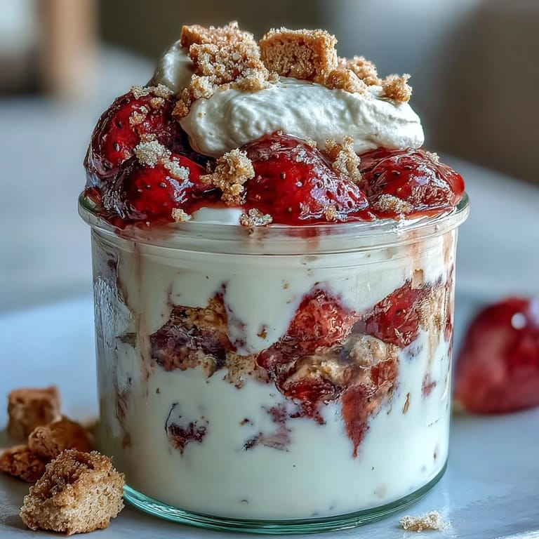 Vanilla-infused oats and juicy strawberries in a jar, inspired by classic strawberry shortcake—perfect for busy mornings.