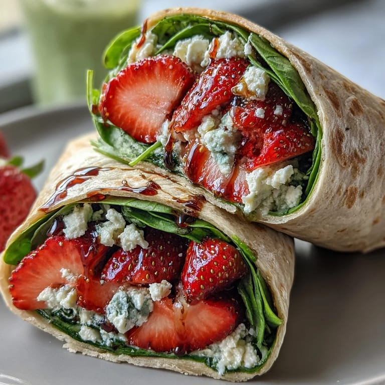 Colorful wraps filled with juicy strawberries, tender spinach, and crumbled goat cheese, perfect for a light lunch or picnic.  