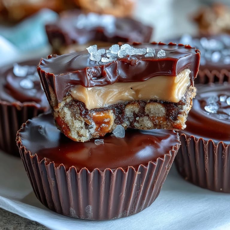 Salty pretzel crust topped with creamy peanut butter and smooth chocolate in these irresistible homemade peanut butter cups.