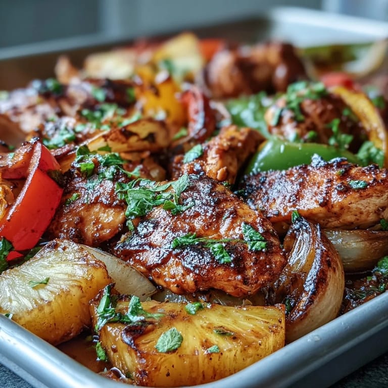 Easy one-pan chicken fajitas featuring tender strips, sweet pineapple, and crisp bell peppers, served with warm tortillas and fresh cilantro.