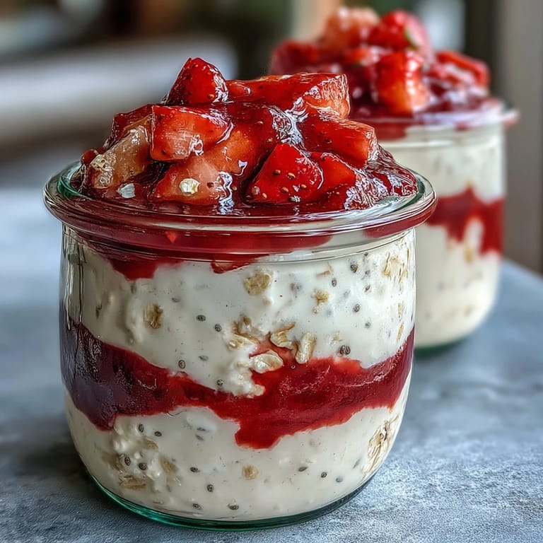 Whipped overnight oats with Greek yogurt and homemade strawberry swirl, a vibrant, healthy morning delight.