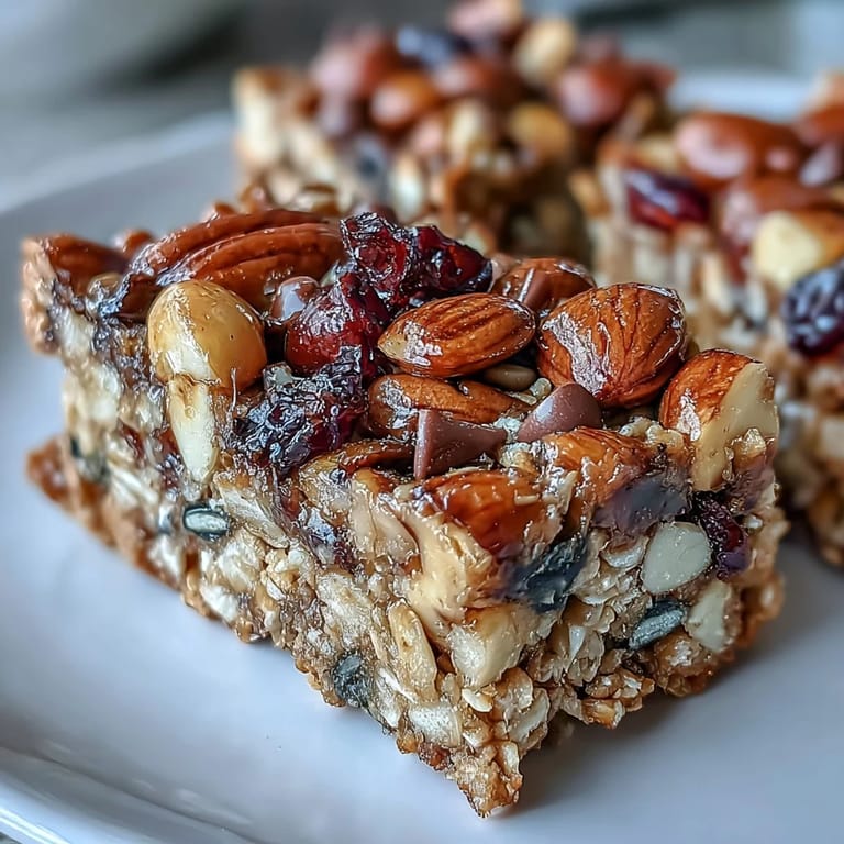 Chewy oat bars sweetened with honey, studded with crunchy nuts, seeds, and chewy dried fruit.