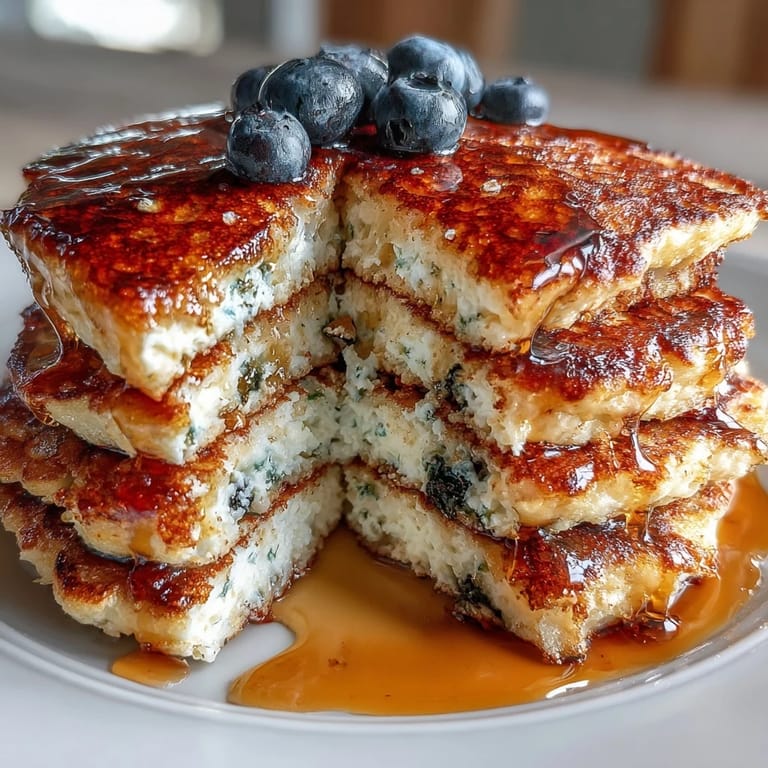 Golden-brown cottage cheese protein pancakes bursting with fresh blueberries, served with a dollop of creamy Greek yogurt.  