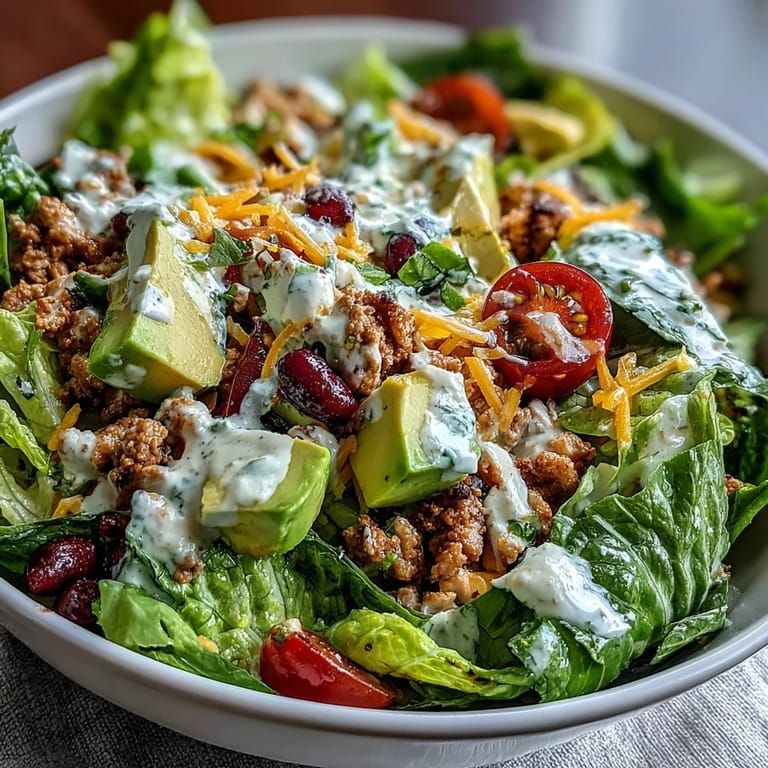 Quick and nutritious taco salad with lean turkey, crunchy vegetables, and zesty Greek yogurt ranch—a perfect healthy meal in minutes.