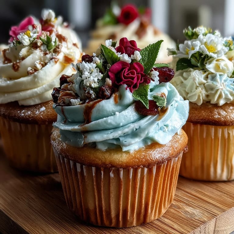 Soft vanilla cupcakes topped with intricate buttercream blossoms, featuring roses, daisies, and leaves in vibrant spring colors.
