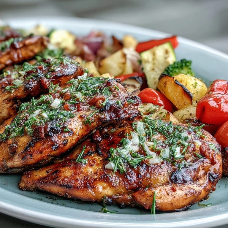Juicy chicken breasts baked with red bell peppers, zucchini, and broccoli in a fragrant lemon-herb sauce.