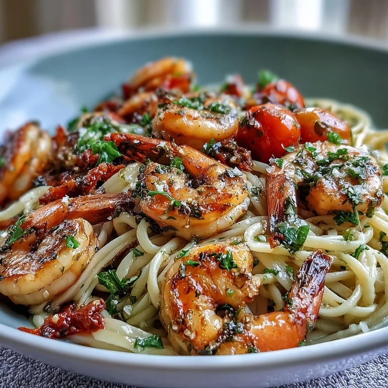 A steaming bowl of One-Pot Garlic Shrimp with Angel Hair, vibrant with spring vegetables and a sprinkle of Parmesan.