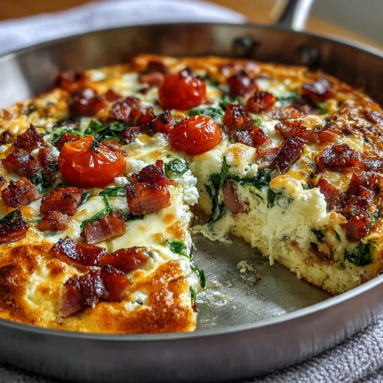 Golden baked frittata packed with ham, cherry tomatoes, and melty cheese, sliced into perfect wedges for a hearty breakfast.