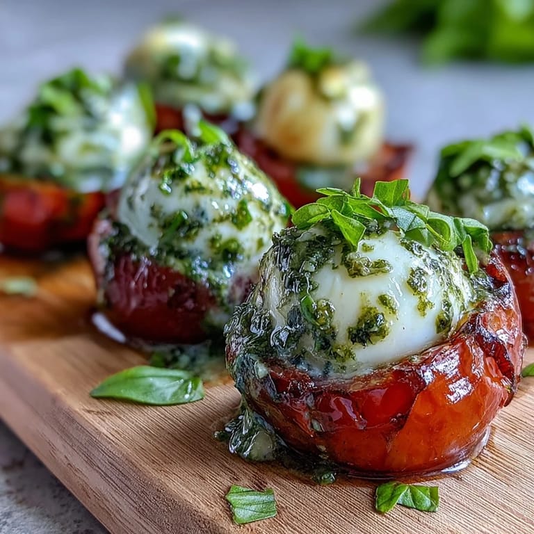 Close-up of Caprese skewers arranged neatly, with cherry tomatoes, mozzarella balls, and basil leaves drizzled with fragrant basil pesto, perfect for summer parties.