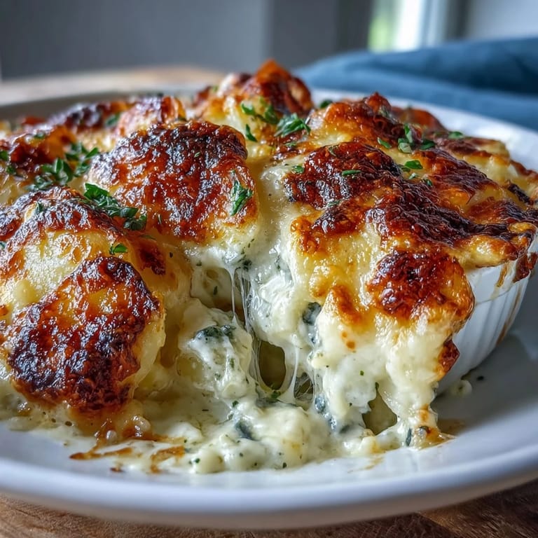Decadent potato gratin featuring creamy sauce, nutmeg, and a golden Parmesan-Gruyère cheese crust.