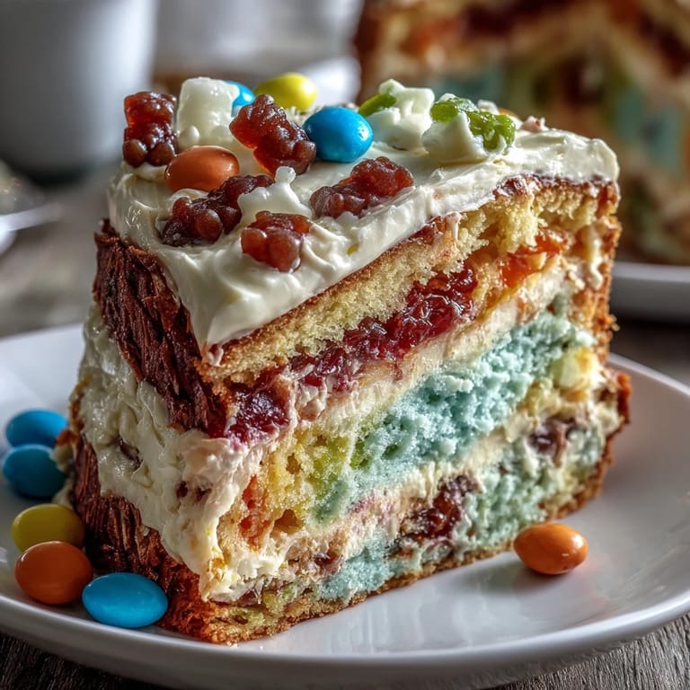 Colorful rainbow piñata cake sliced open to reveal hidden candy filling, ideal for Cinco de Mayo parties.