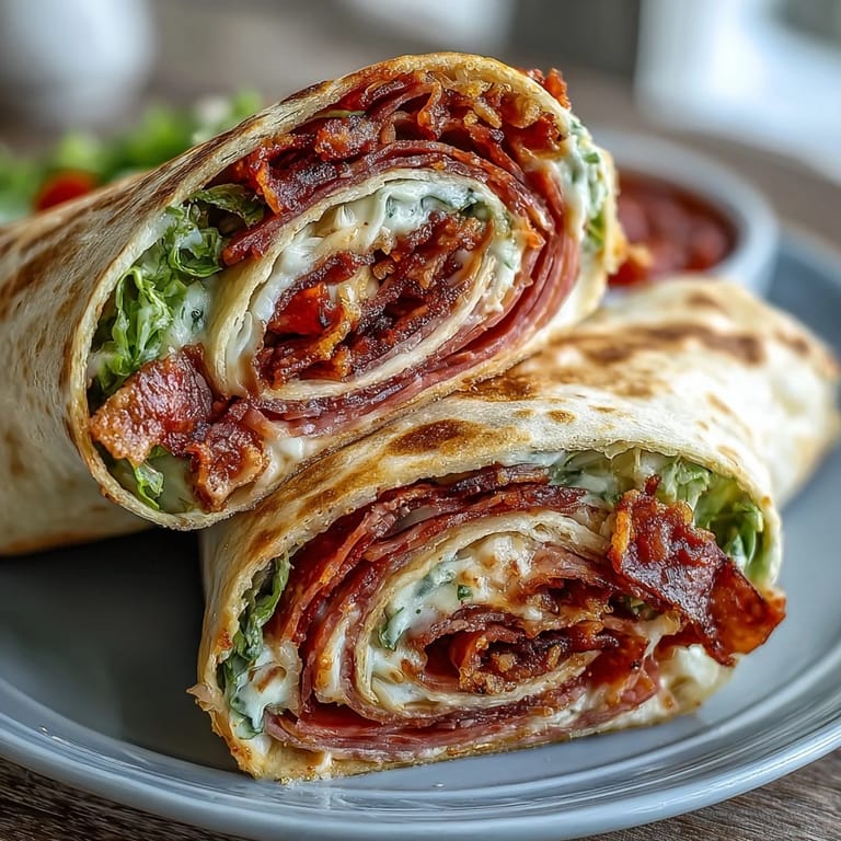 Close-up of Italian Sub Pinwheel Wraps with sliced meats, provolone, and peppers rolled into bite-sized appetizers.  