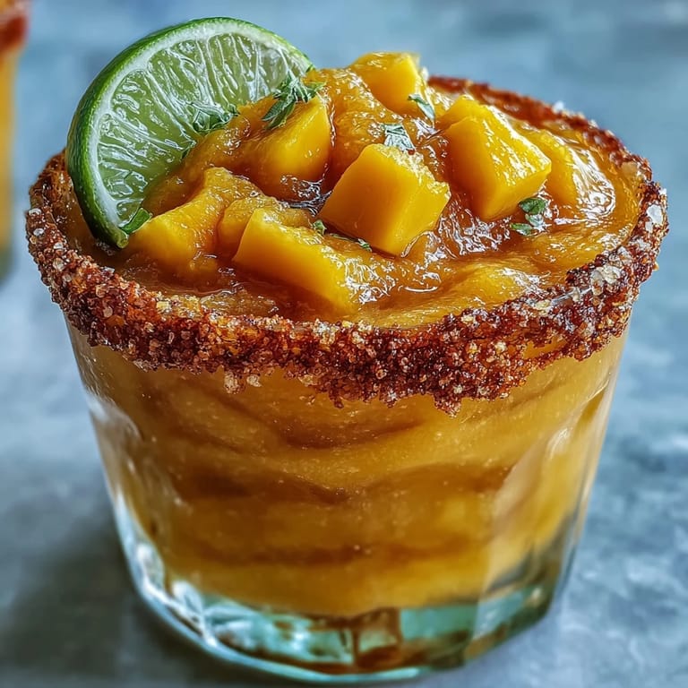 Two refreshing frozen mango margarita mocktails blended with lime and orange, garnished with citrus and a Tajín-spiced rim.