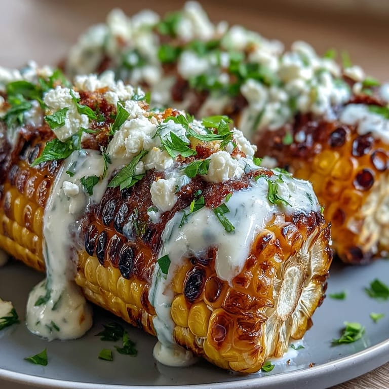 Sweet corn charred on the grill, coated in zesty elote sauce, sprinkled with cheese and chili for authentic street food taste.