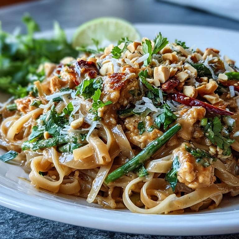 Creamy Thai-Inspired Peanut Noodle Bowls with crispy potsticker-style edges, chopped peanuts, fresh cilantro, and lime wedges ready to serve.