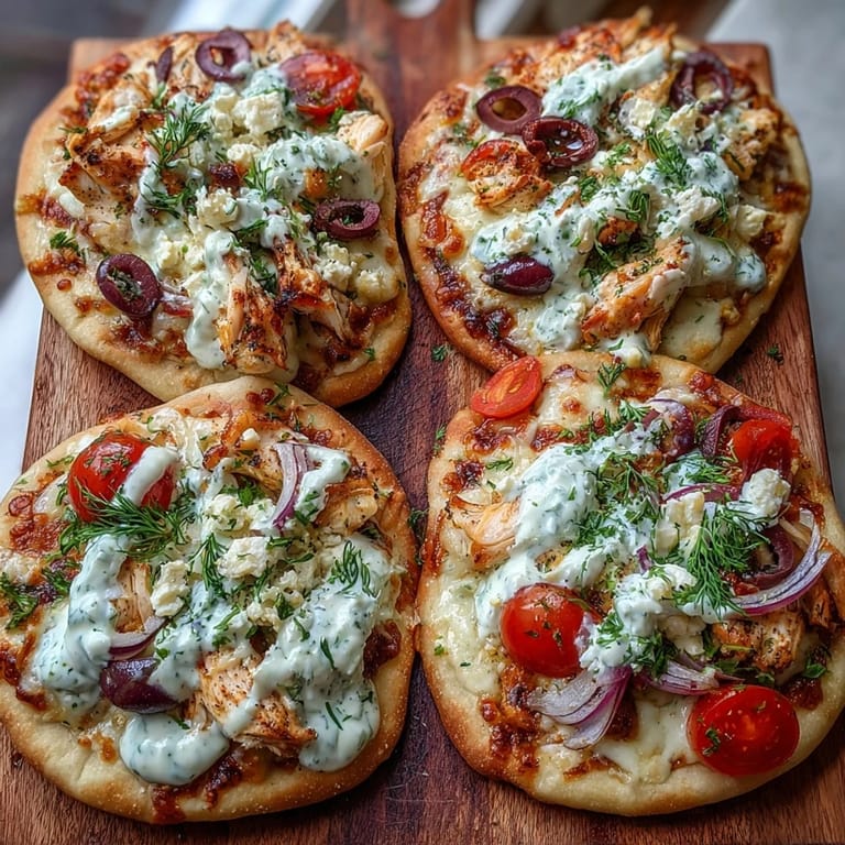 Sliced Lemon Feta Chicken Naan Pizza revealing tender marinated chicken and crumbled feta, served with a small bowl of cool tzatziki dipping sauce.