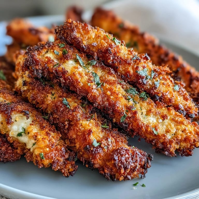 A hand dipping crispy baked chicken parmesan fries into a small bowl of ranch dressing, on a rustic table.