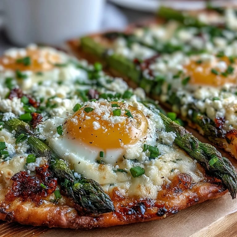 Golden-baked flatbread topped with tender asparagus, a perfectly runny egg, and a sprinkle of parmesan cheese.  